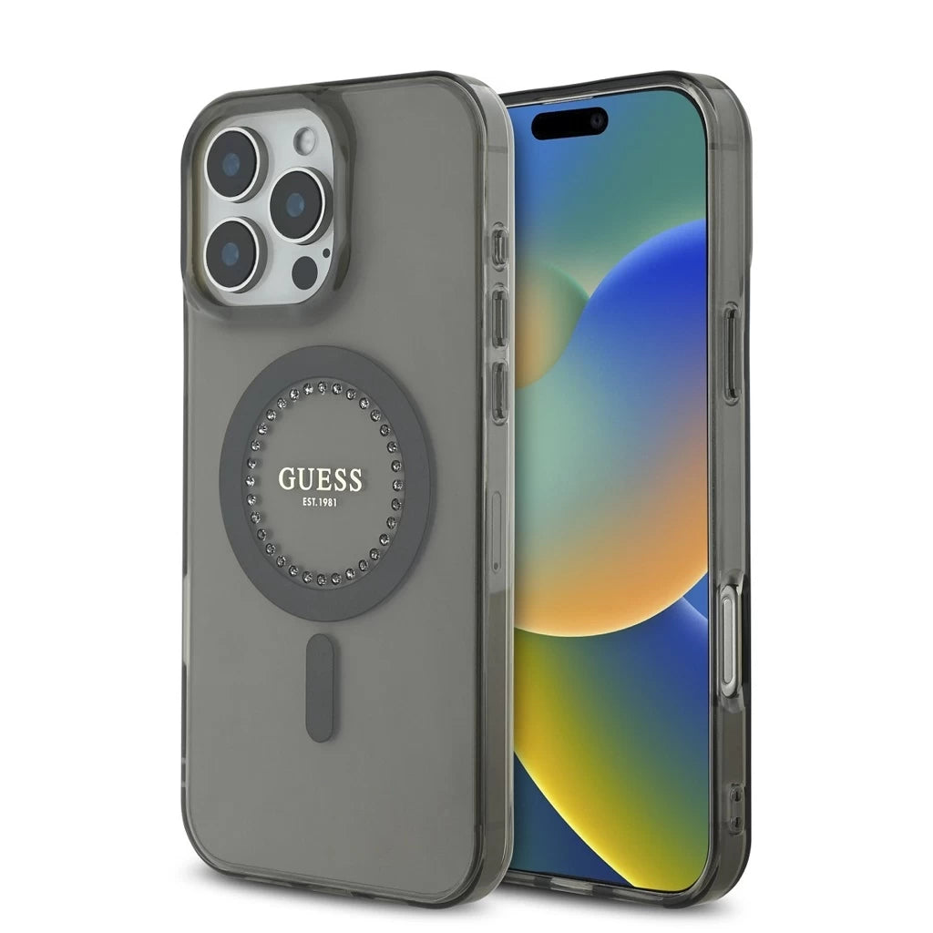 Guess IML Rhinestones Ring MagSafe tok iPhone 16 Pro készülékhez fekete - iPhone 16 Pro tok a Domshop kínálatából