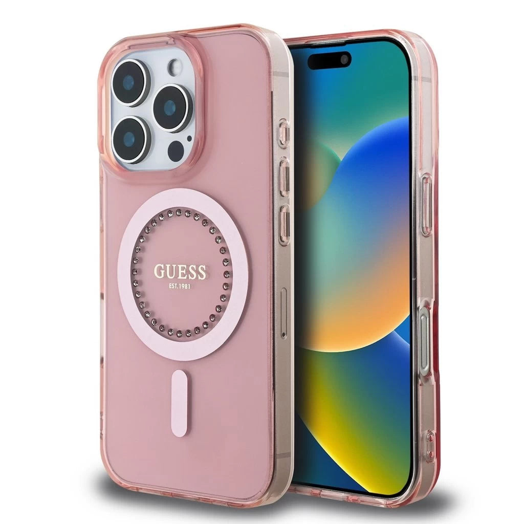 Guess IML Rhinestones Ring MagSafe tok iPhone 16 Pro készülékhez rózsaszín - iPhone 16 Pro tok a Domshop kínálatából