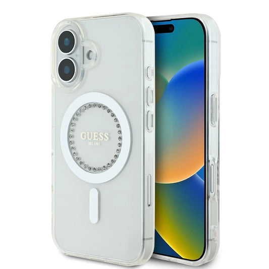 Guess IML Rhinestones Ring MagSafe tok iPhone 16 készülékhez fehér - iPhone 16 tok a Domshop kínálatából