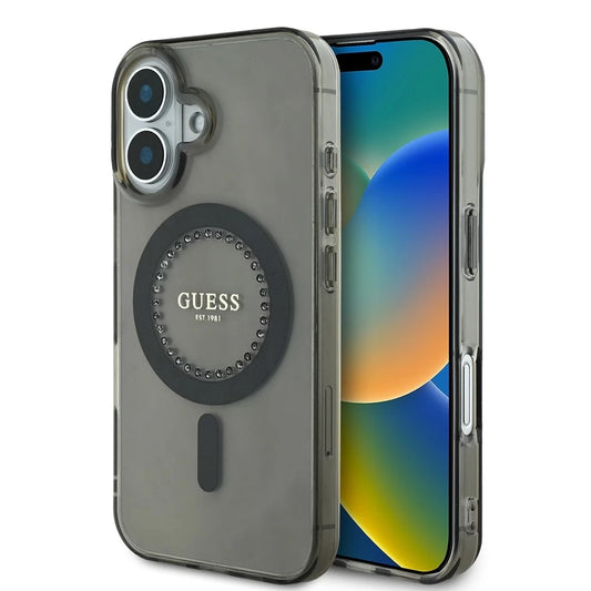 Guess IML Rhinestones Ring MagSafe tok iPhone 16 készülékhez fekete - iPhone 16 tok a Domshop kínálatából