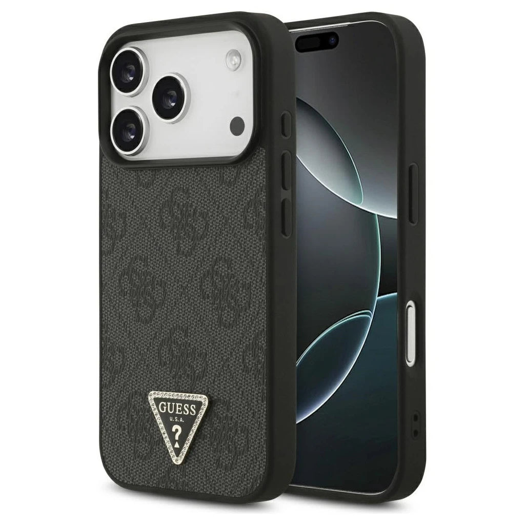 Guess Leather 4G Triangle Strass MagSafe tok iPhone 17 Pro készülékhez fekete - iPhone 17 Pro tok a Domshop kínálatából