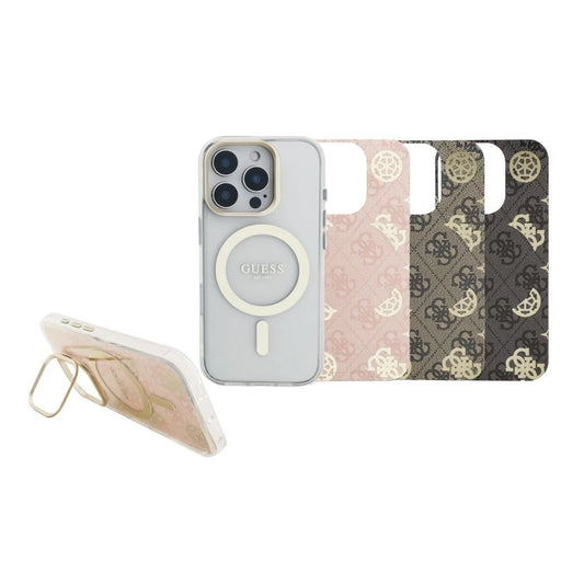 Guess PC/TPU elektrolemezelt állványos kamerakeretes MagSafe tok cserélhető háttérrel iPhone 16 Pro készülékhez - iPhone 16 Pro tok a Domshop kínálatából