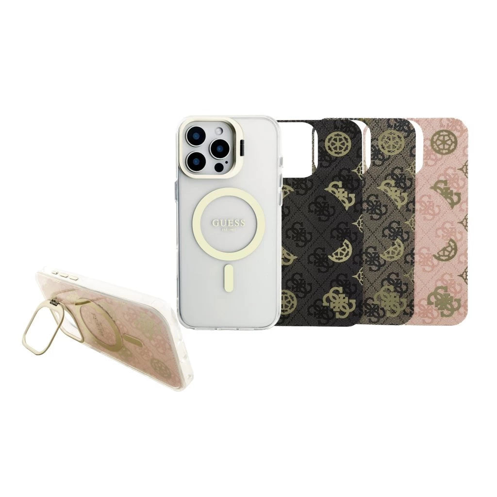 Guess PC/TPU elektroplátázott, állvánnyal ellátott, kamerakeretes MagSafe tok cserélhető háttérrel iPhone 16 Pro Max készülékhez - iPhone 16 Pro Max tok a Domshop kínálatából