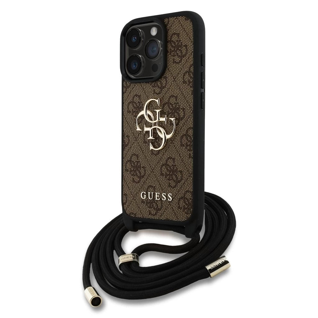 Guess PU 4G Metal Logo Crossbody Strap tok iPhone 15 Pro Max készülékhez barna - iPhone 15 Pro Max tok a Domshop kínálatából