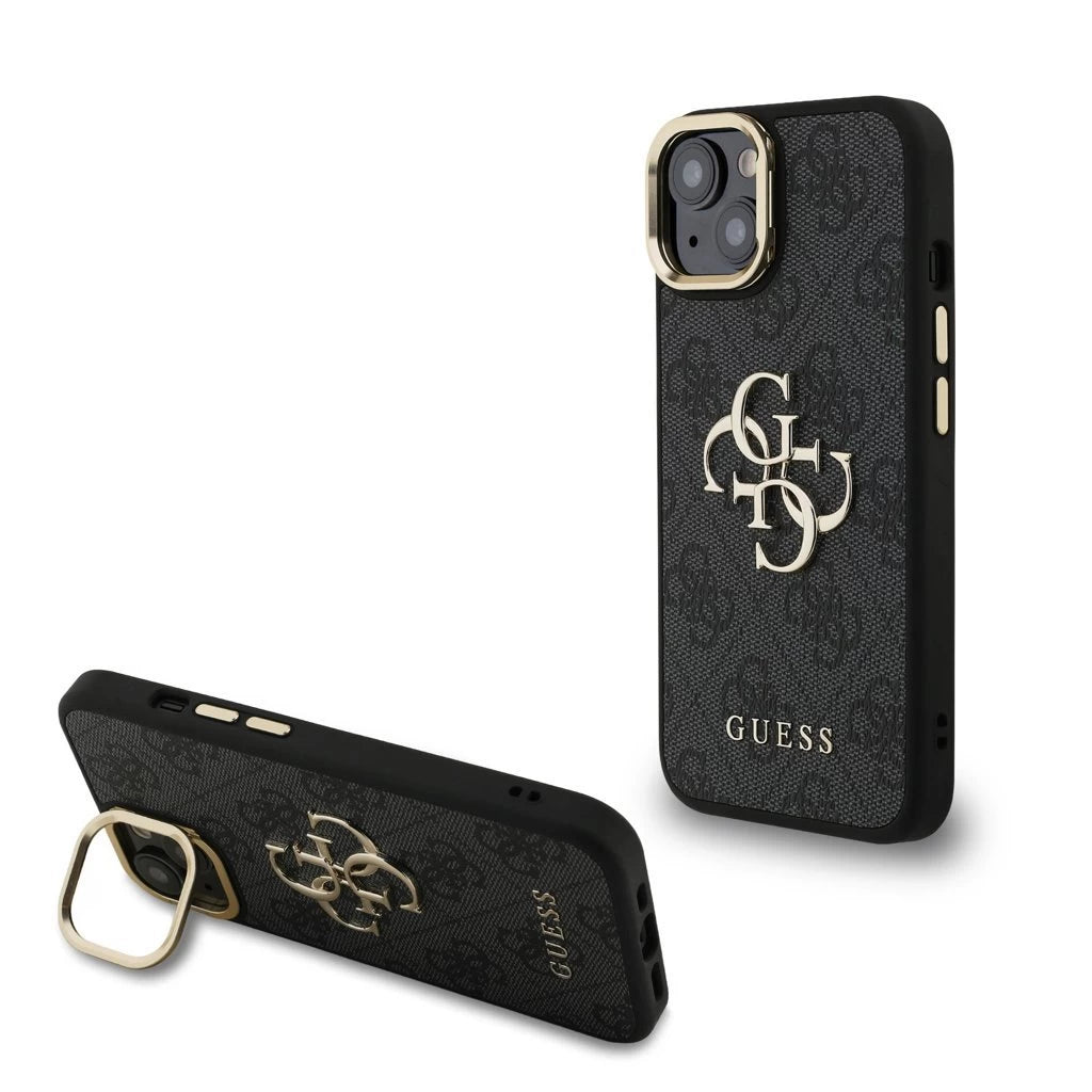 Guess PU 4G Metal Logo Stand Camera Frame tok iPhone 13 készülékhez fekete - iPhone 13/14 tok a Domshop kínálatából