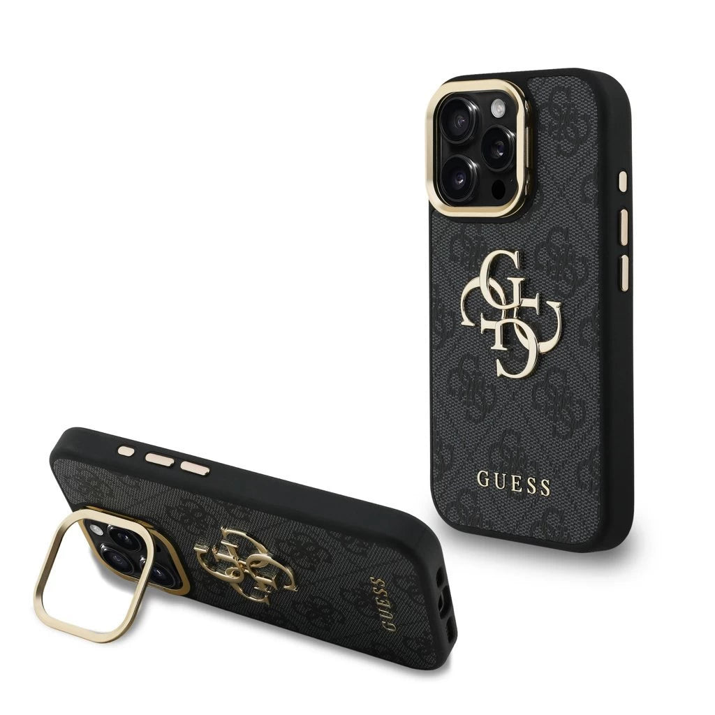 Guess PU 4G Metal Logo Stand Camera Frame tok iPhone 15 Pro Max készülékhez fekete - iPhone 15 Pro Max tok a Domshop kínálatából