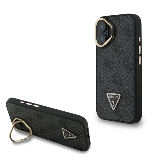 Guess PU 4G Strass Triangle Logo Stand Camera Frame MagSafe Tok iPhone 16 készülékhez fekete - iPhone 16 tok a Domshop kínálatából