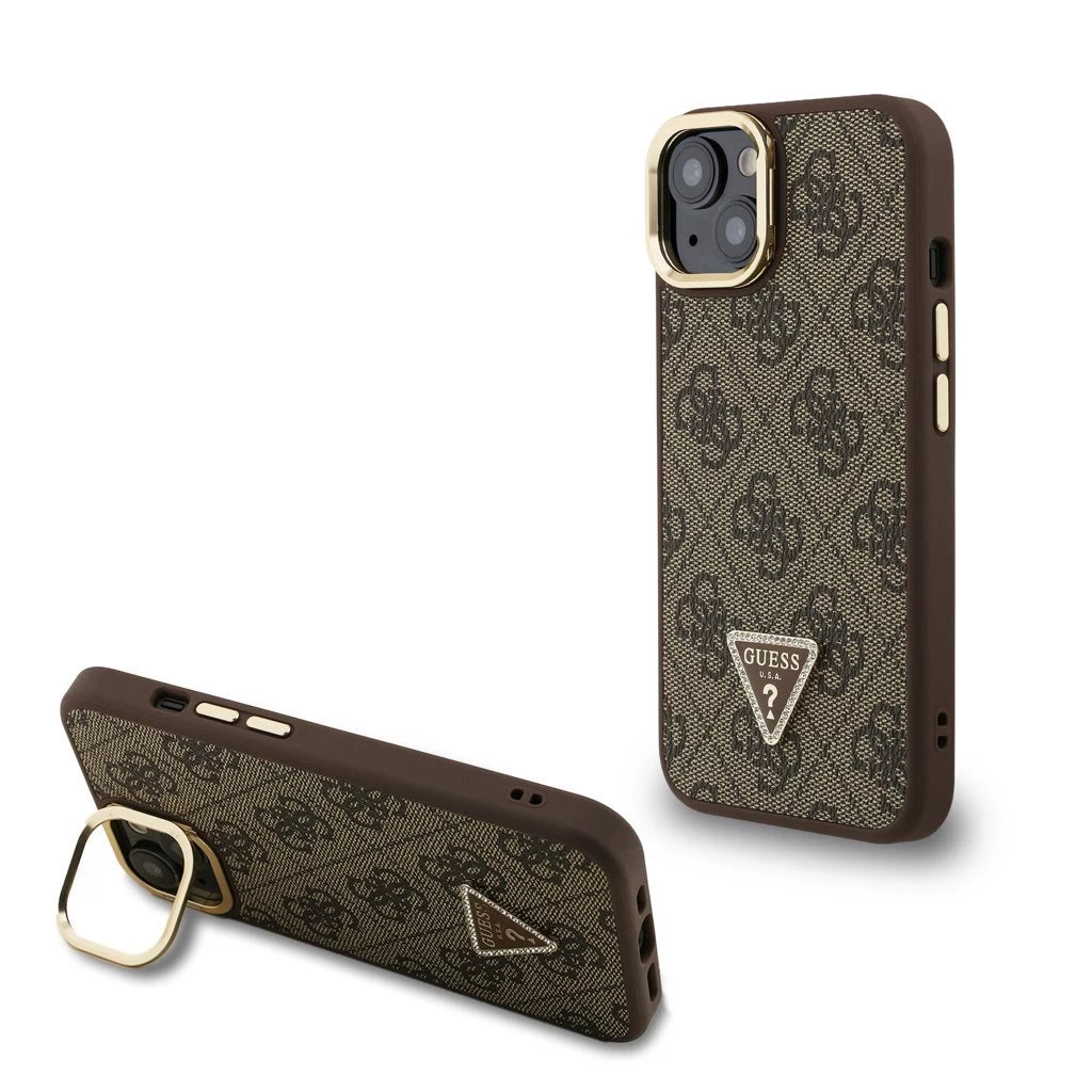Guess PU 4G Strass Triangle Logo Stand Camera Frame MagSafe tok iPhone 13 készülékhez barna - iPhone 13/14 tok a Domshop kínálatából