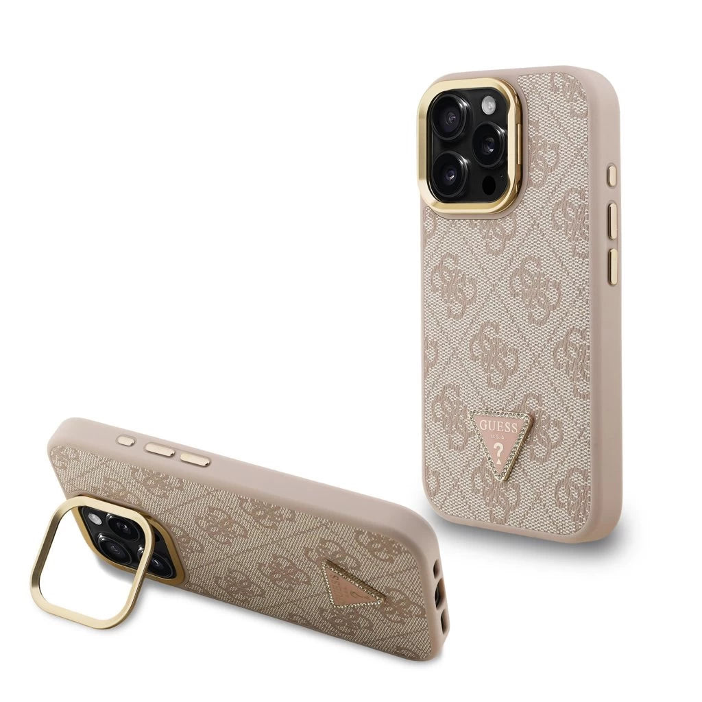 Guess PU 4G Strass Triangle Logo Stand Camera Frame MagSafe tok iPhone 15 Pro készülékhez rózsaszín - iPhone 15 Pro tok a Domshop kínálatából