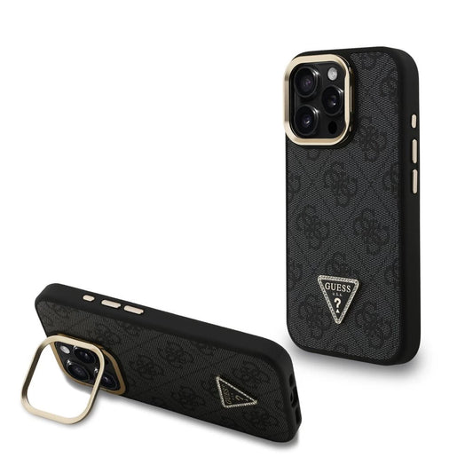 Guess PU 4G Strass Triangle Logo Állványos Kamerakeretes MagSafe tok iPhone 15 Pro Max készülékhez fekete - iPhone 15 Pro Max tok a Domshop kínálatából