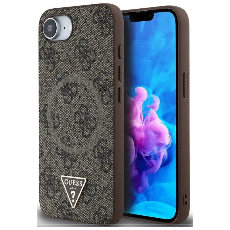 Guess PU 4G Strass Triangle Metal Logo Apple iPhone 16e MagSafe hátlap tok, barna - iPhone 16e tok a Domshop kínálatából