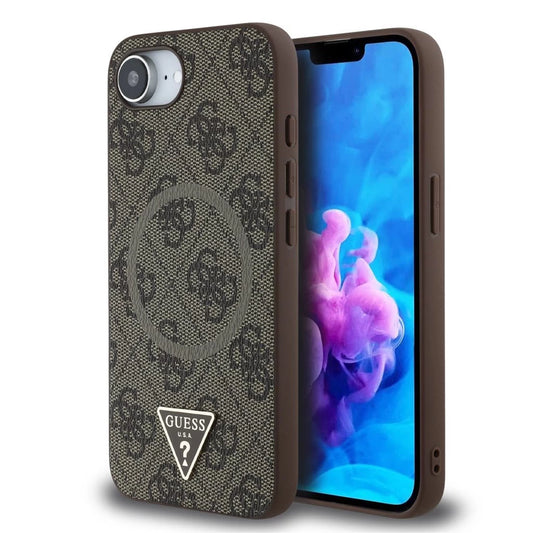 Guess PU 4G Strass Triangle Metal Logo MagSafe tok iPhone 16e készülékhez barna - iPhone 16e tok a Domshop kínálatából