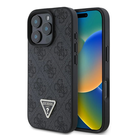 Guess PU 4G Strass Triangle Metal Logo tok iPhone 16 Pro Max készülékhez fekete - iPhone 16 Pro Max tok a Domshop kínálatából