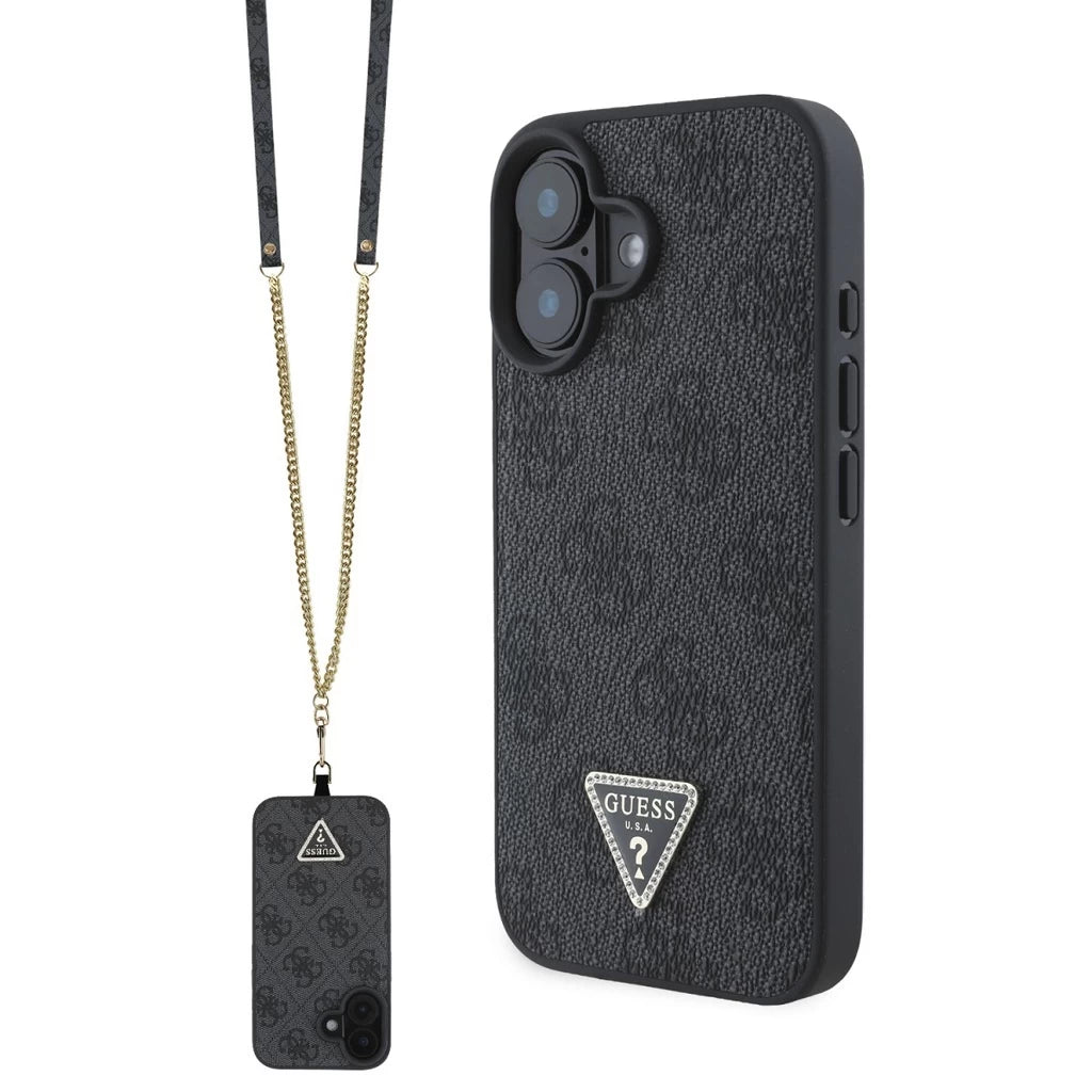 Guess PU 4G Strass Triangle Metal Logo tok + keresztpánt iPhone 16 készülékhez fekete - iPhone 16 tok a Domshop kínálatából
