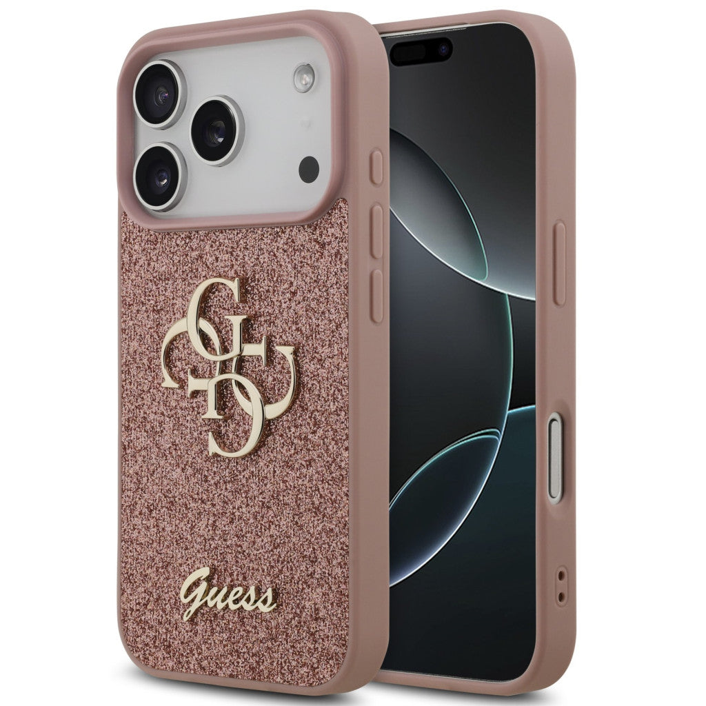 Guess PU Fixed Glitter 4G Metal Logo Apple iPhone 17 Pro Max hátlap tok, rózsaszín - iPhone 17 Pro Max tok a Domshop kínálatából