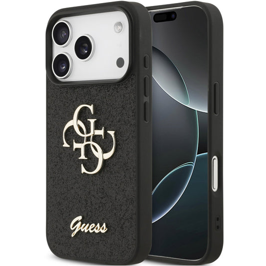 Guess PU Fixed Glitter 4G Metal Logo Apple iPhone 17 Pro hátlap tok, fekete - iPhone 17 Pro tok a Domshop kínálatából