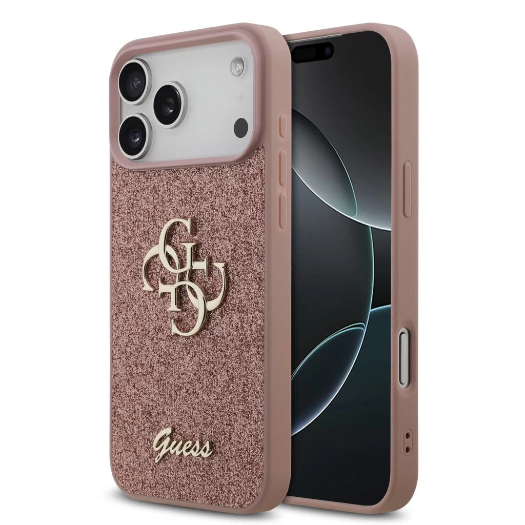 Guess PU Fixed Glitter 4G Metal Logo hátsó tok iPhone 17 Pro Max készülékhez rózsaszín - iPhone 17 Pro Max tok a Domshop kínálatából