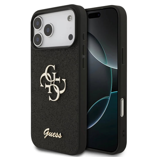 Guess PU Fixed Glitter 4G Metal Logo tok iPhone 17 Pro Max készülékhez fekete - iPhone 17 Pro Max tok a Domshop kínálatából