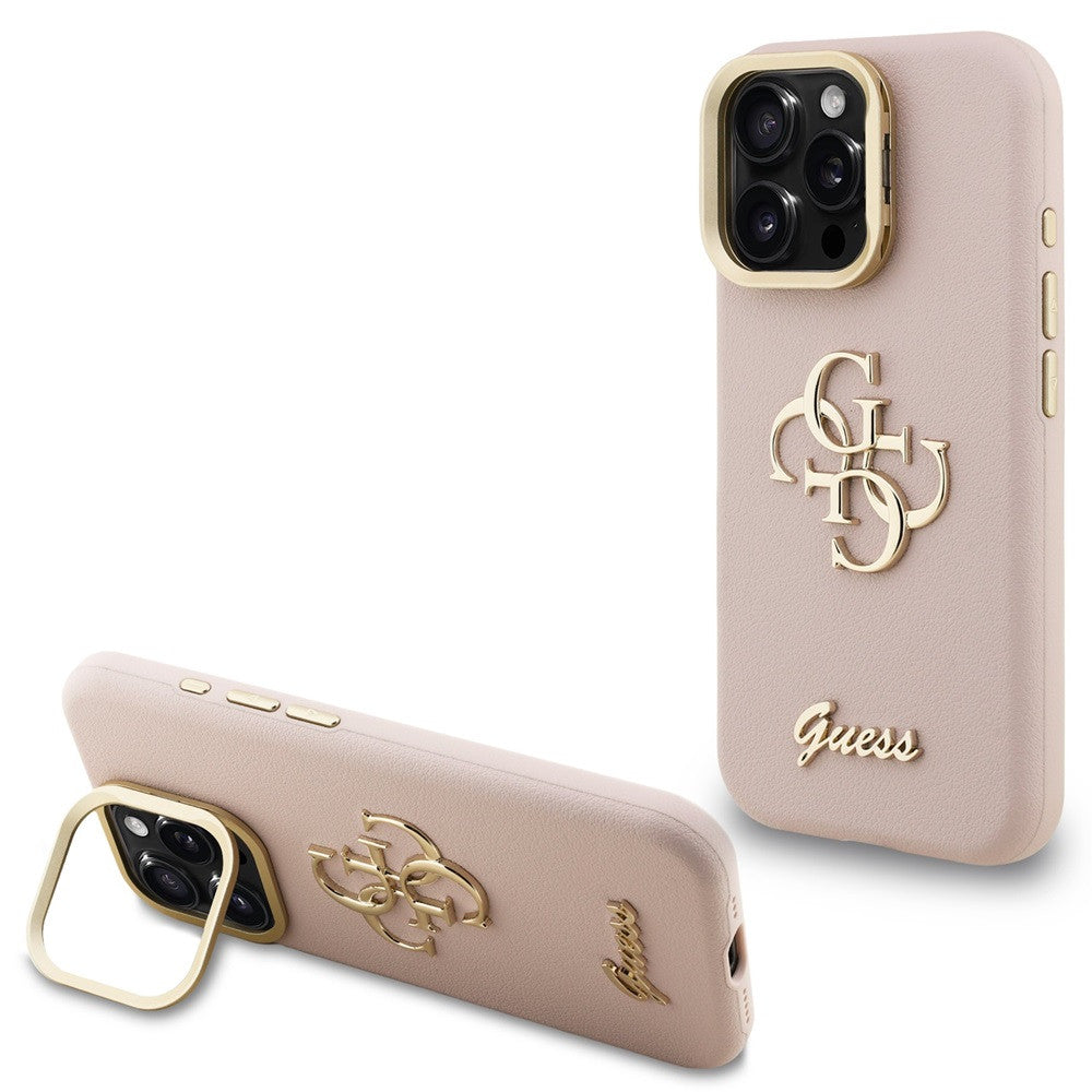 Guess PU Grained 4G Logo Stand Camera Frame iPhone 16 Pro hátlap tok kitámasztóval, rózsaszín - iPhone 16 Pro tok a Domshop kínálatából