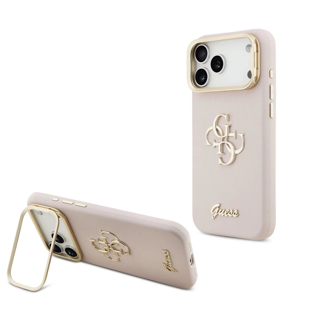 Guess PU Grained 4G Logo Stand Camera Frame tok iPhone 17 Pro Max készülékhez rózsaszín - iPhone 17 Pro Max tok a Domshop kínálatából