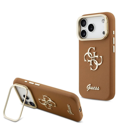 Guess PU Grained 4G Logo állványos, kamerakeretes tok iPhone 17 Pro készülékhez barna - iPhone 17 Pro tok a Domshop kínálatából
