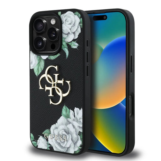 Guess PU Grained Roses 4G Metal Logo tok iPhone 16 Pro készülékhez fekete - iPhone 16 Pro tok a Domshop kínálatából