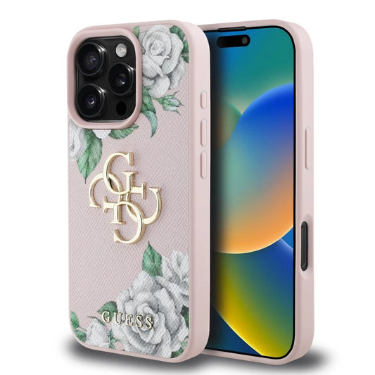 Guess PU Grained Roses 4G Metal Logo tok iPhone 16 Pro készülékhez rózsaszín - iPhone 16 Pro tok a Domshop kínálatából