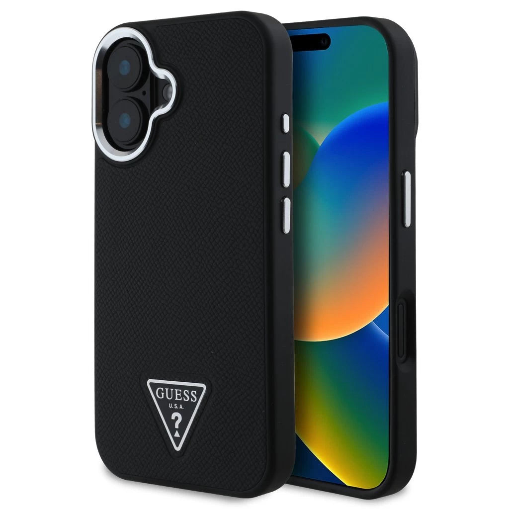 Guess PU Grained Triangle Logo tok iPhone 16 készülékhez fekete - iPhone 16 tok a Domshop kínálatából