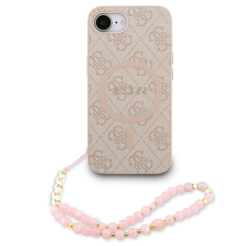 Guess PU Leather 4G Colored Ring Strap Apple iPhone 16e MagSafe tok korall színű karpánttal, rózsaszín-arany - iPhone 16e tok a Domshop kínálatából