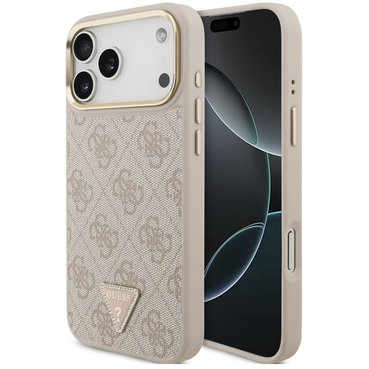 Guess PU Leather 4G Triangle Logo Gold Frame Apple iPhone 17 Pro Max MagSafe hátlap tok, rózsaszín - iPhone 17 Pro Max tok a Domshop kínálatából