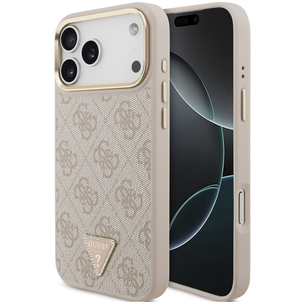 Guess PU Leather 4G Triangle Logo Gold Frame Apple iPhone 17 Pro Max MagSafe hátlap tok, rózsaszín - iPhone 17 Pro Max tok a Domshop kínálatából