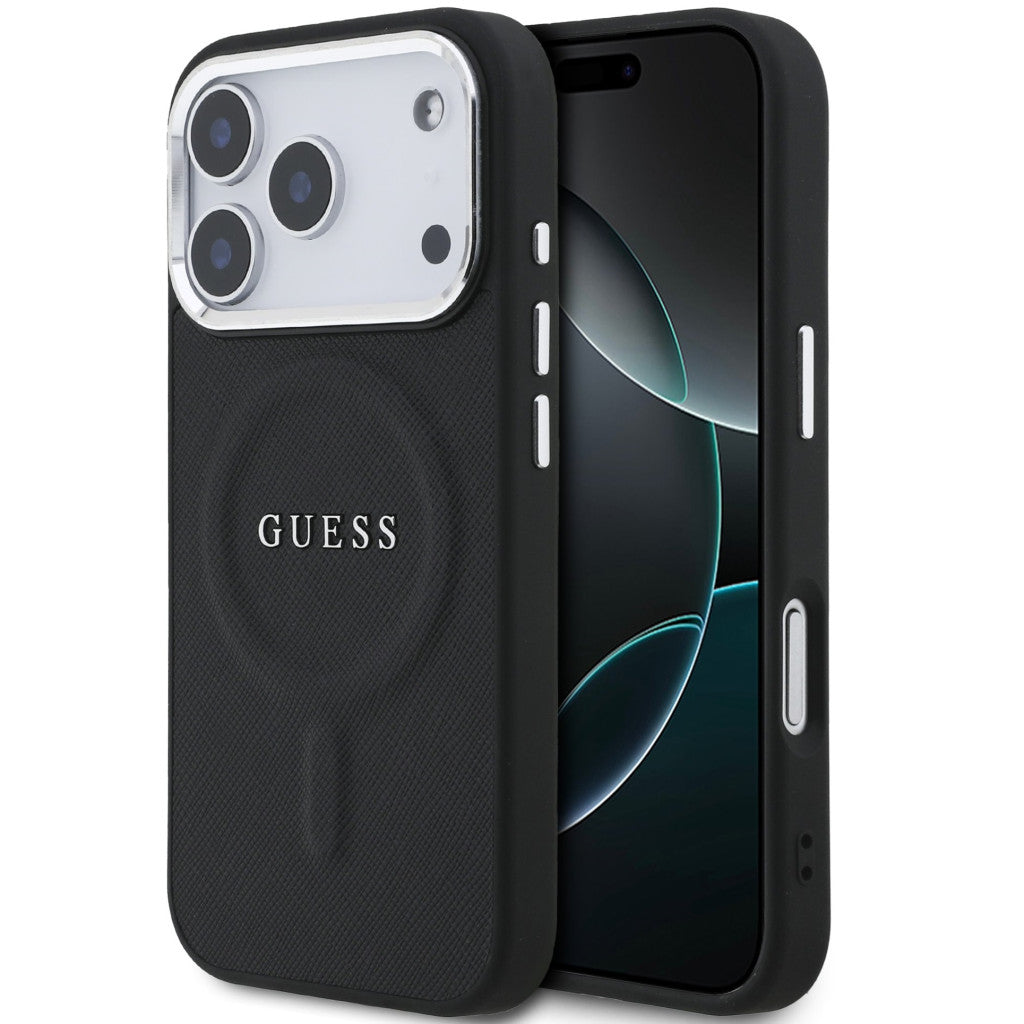 Guess PU Saffiano Apple iPhone 17 Pro MagSafe hátlap tok, fekete - iPhone 17 Pro tok a Domshop kínálatából