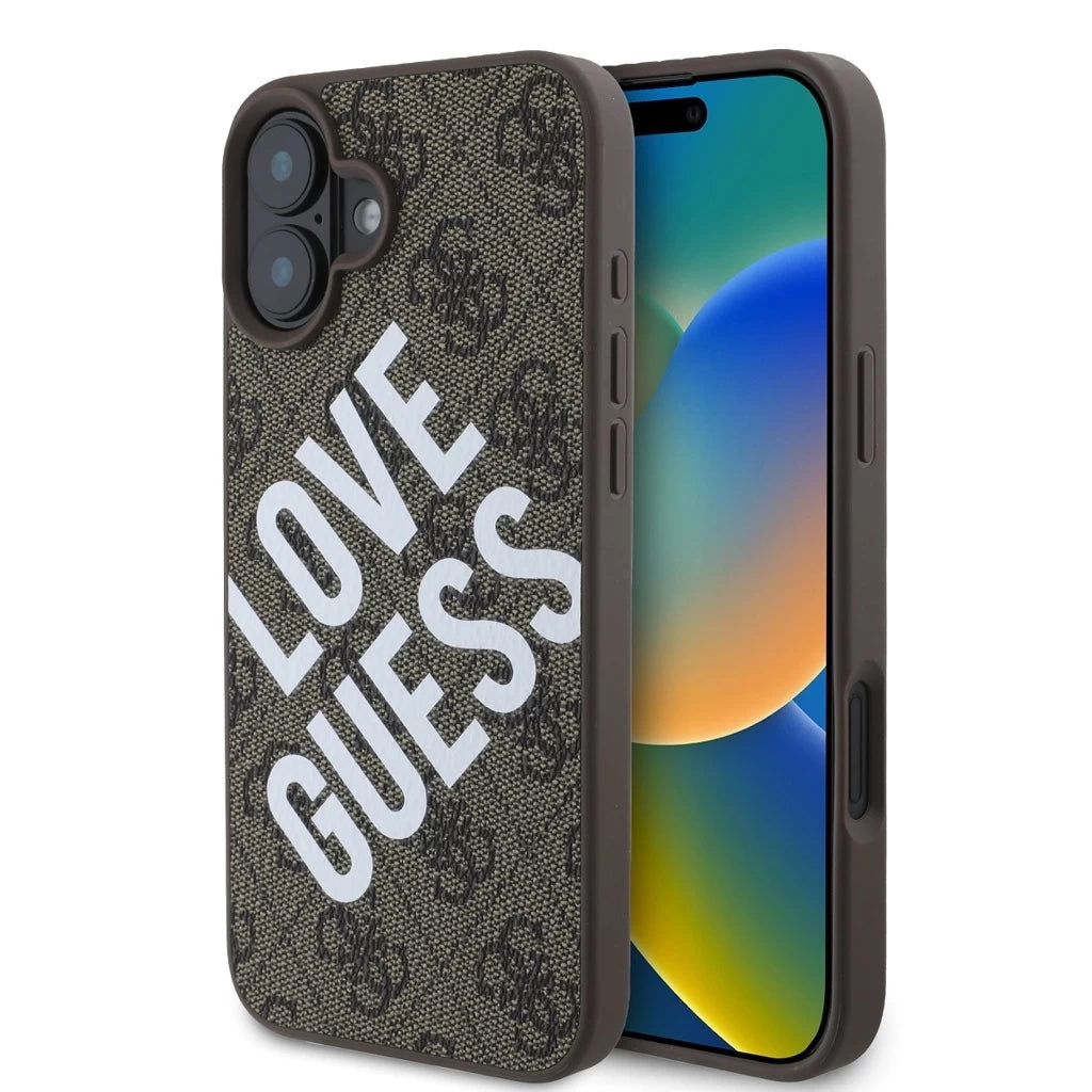 Guess PU bőr 4G Big Love Logo MagSafe tok iPhone 16 készülékhez barna - iPhone 16 tok a Domshop kínálatából
