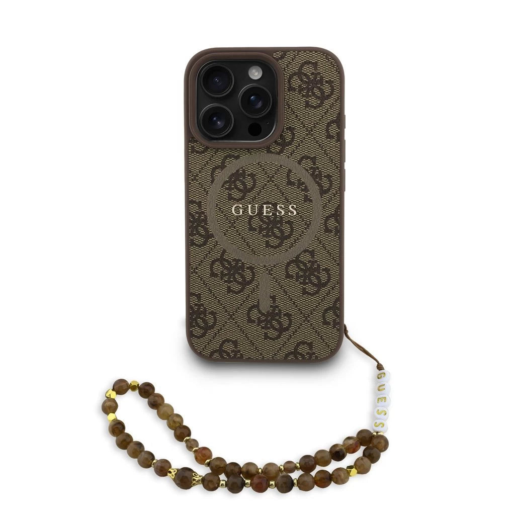 Guess PU bőr 4G színes gyűrűs pántos MagSafe tok iPhone 16 Pro készülékhez barna - iPhone 16 Pro tok a Domshop kínálatából