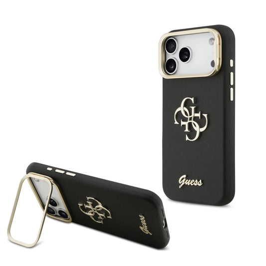 Guess PU bőr mintázatú 4G Logo állványos kamera keret tok iPhone 17 Pro Max készülékhez fekete - iPhone 17 Pro Max tok a Domshop kínálatából