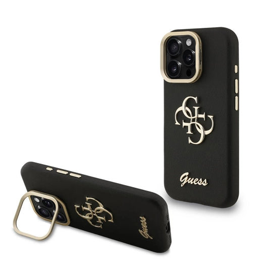 Guess PU texturált 4G Logo állványos kamerakeretes tok iPhone 15 Pro készülékhez fekete - iPhone 15 Pro tok a Domshop kínálatából