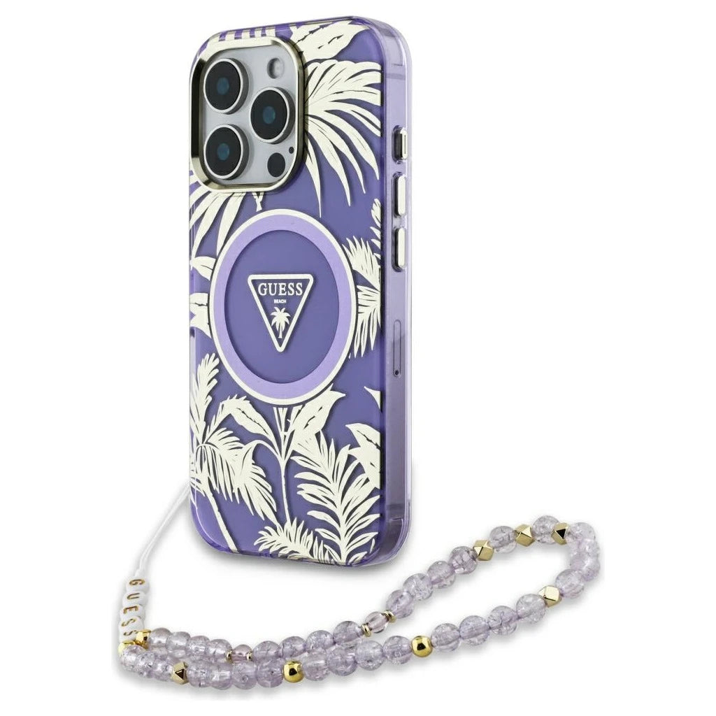 Guess Palm Trees Triangle Pearl Strap MagSafe tok iPhone 16 Pro Max készülékhez lila - iPhone 16 Pro Max tok a Domshop kínálatából