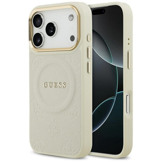 Guess Peony Hot Stamp Apple iPhone 17 Pro MagSafe tok kameravédő peremmel, bézs - iPhone 17 Pro tok a Domshop kínálatából