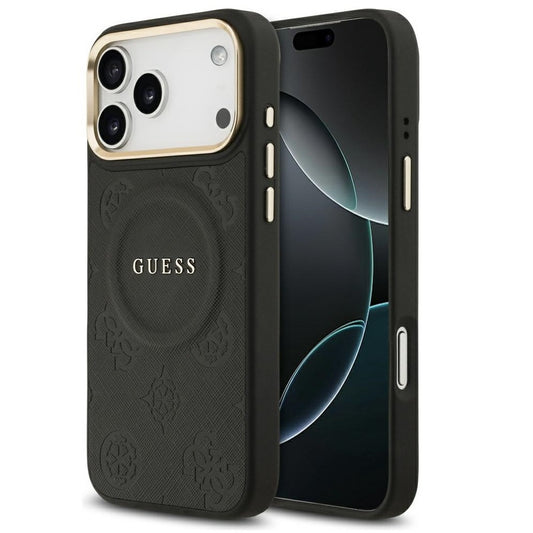 Guess Peony Hot Stamp Apple iPhone 17 Pro MagSafe tok kameravédő peremmel, fekete-arany - iPhone 17 Pro tok a Domshop kínálatából