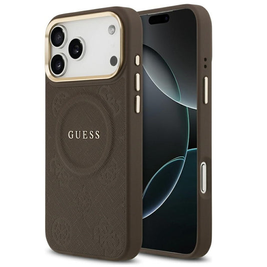 Guess Peony Hot Stamp Apple iPhone 17 Pro Max MagSafe tok kameravédő peremmel, barna-arany - iPhone 17 Pro Max tok a Domshop kínálatából