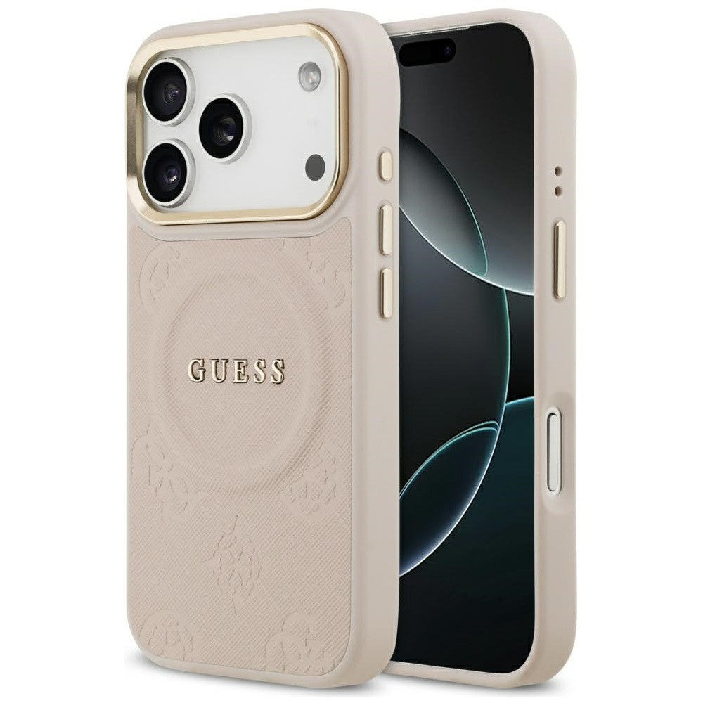 Guess Peony Hot Stamp Apple iPhone 17 Pro Max MagSafe tok kameravédő peremmel, rózsaszín-arany - iPhone 17 Pro Max tok a Domshop kínálatából