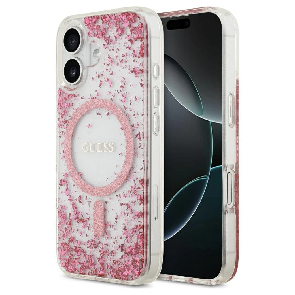 Guess Resin Bottom Glitter MagSafe tok iPhone 17 készülékhez rózsaszín - iPhone 17 tok a Domshop kínálatából