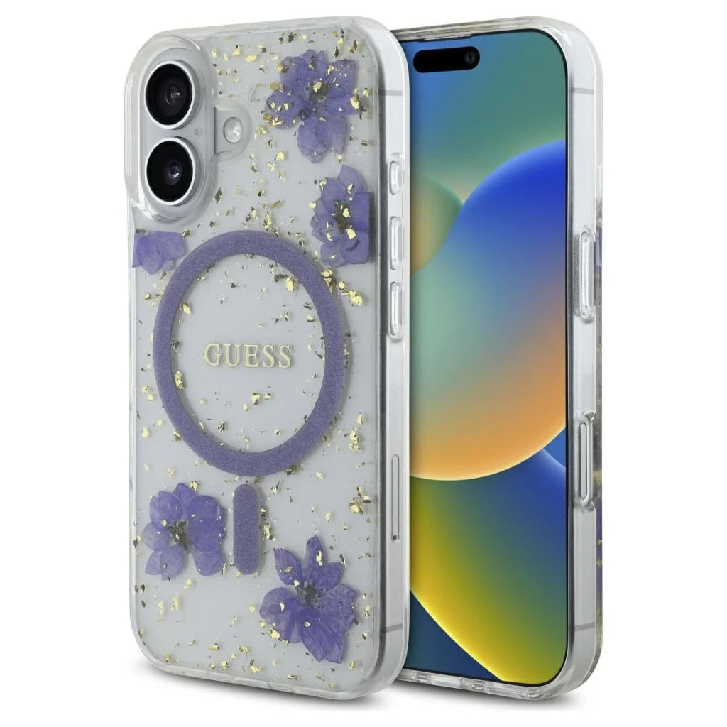 Guess Resin Flowers Glitter MagSafe tok iPhone 16 készülékhez lila - iPhone 16 tok a Domshop kínálatából