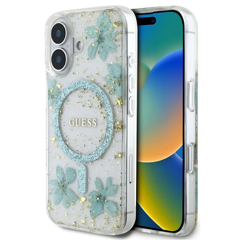 Guess Resin Flowers Glitter MagSafe tok iPhone 16 készülékhez türkiz - iPhone 16 tok a Domshop kínálatából