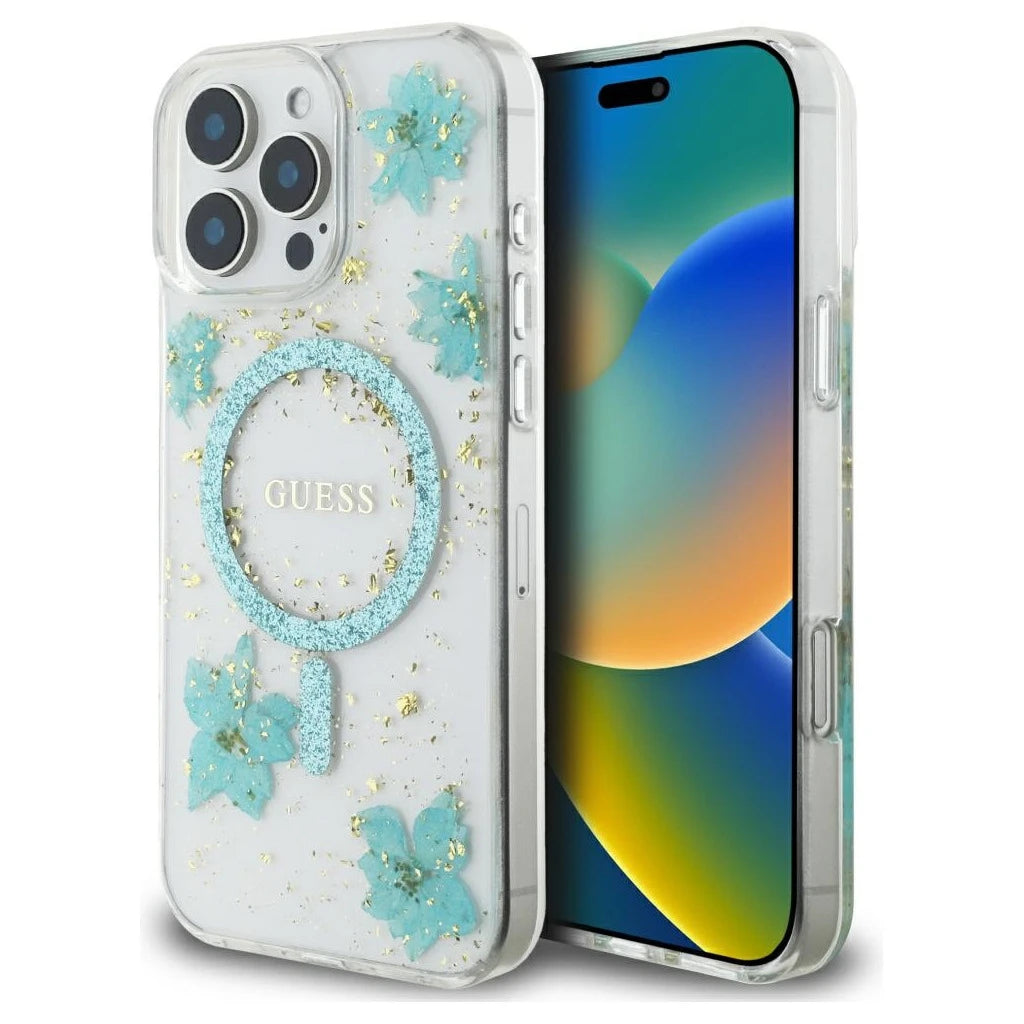 Guess Resin Flowers Glitter tok MagSafe iPhone 16 Pro készülékhez türkiz - iPhone 16 Pro tok a Domshop kínálatából