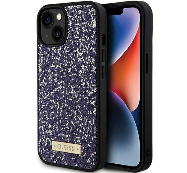 Guess Rhinestone Metal Logo Apple iPhone 15 hátlap tok, lila - iPhone 15 tok a Domshop kínálatából