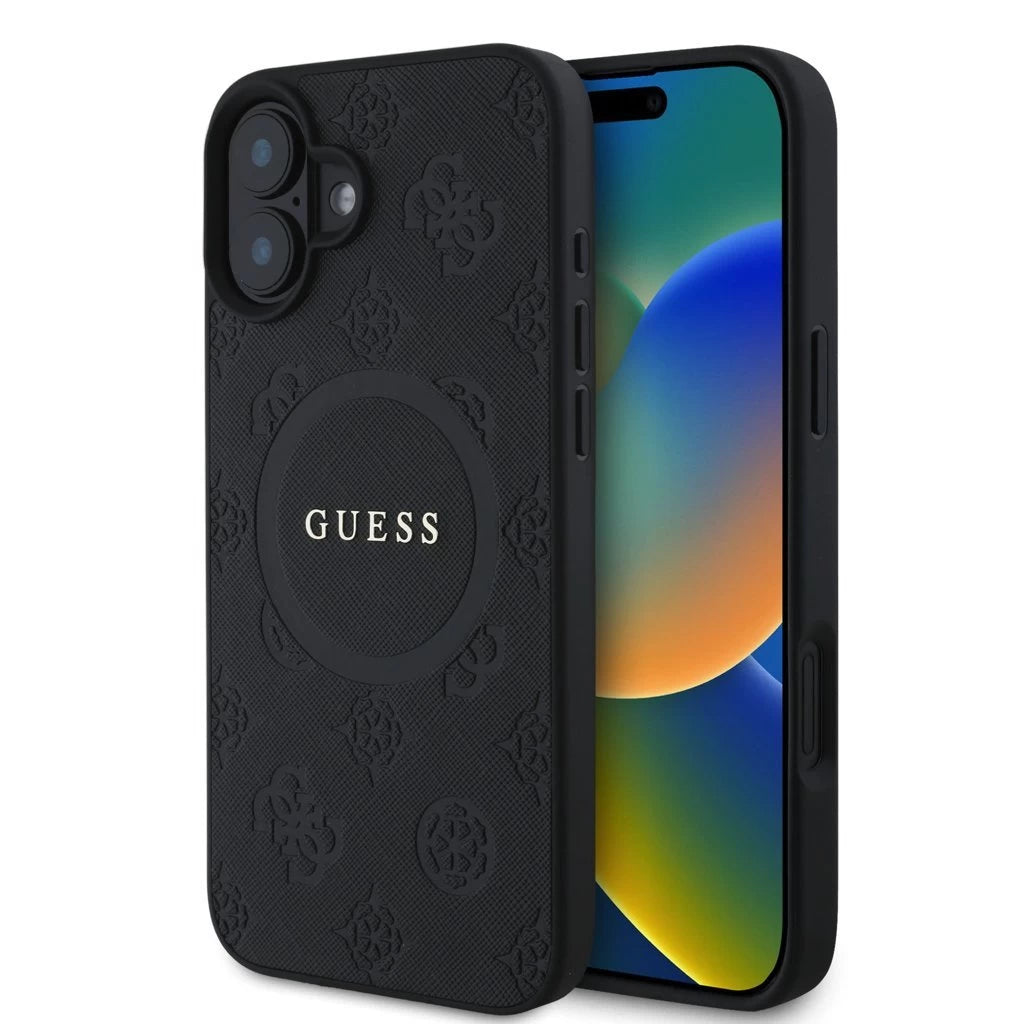 Guess Saffiano Peony Stamp MagSafe tok iPhone 16 készülékhez fekete - iPhone 16 tok a Domshop kínálatából