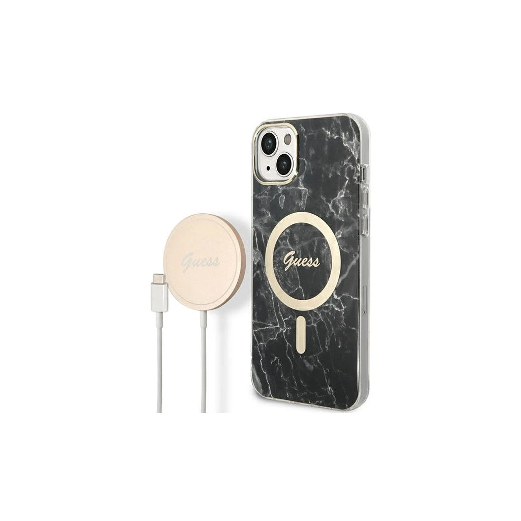 Guess Set GUBPP14MHMEACSK iPhone 14 Plus / 15 Plus készülékhez 6.7 hüvelykes kemény tok+töltő Marbl fekete - iPhone 14 Plus/15Plus tok a Domshop kínálatából