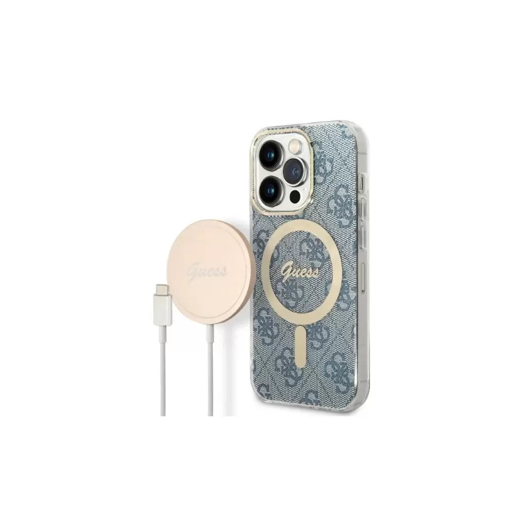 Guess csomag GUBPP14LH4EACSB - Guess MagSafe kék tok + Guess vezeték nélküli töltő Apple iPhone 14 Pro készülékhez - iPhone 14 Pro tok a Domshop kínálatából