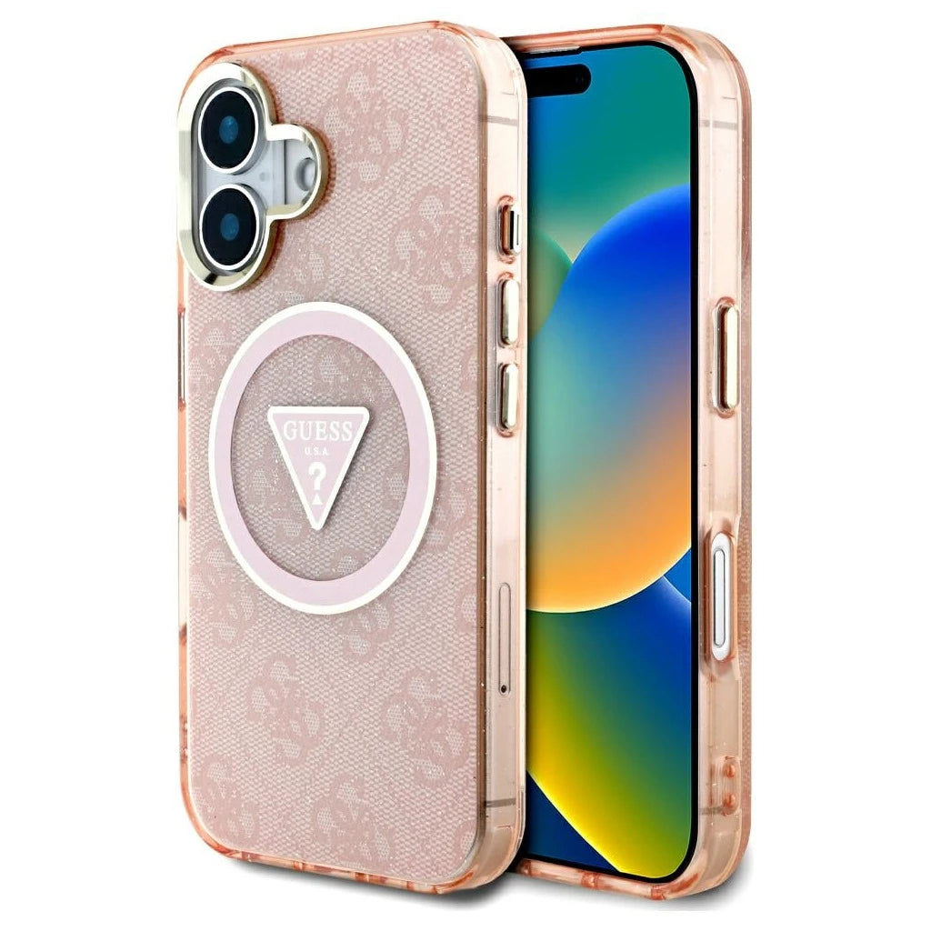 Guess iPhone 16 készülékhez IML Metal Glitter 4G Circle Triangle MagSafe tok, rózsaszín - iPhone 16 tok a Domshop kínálatából